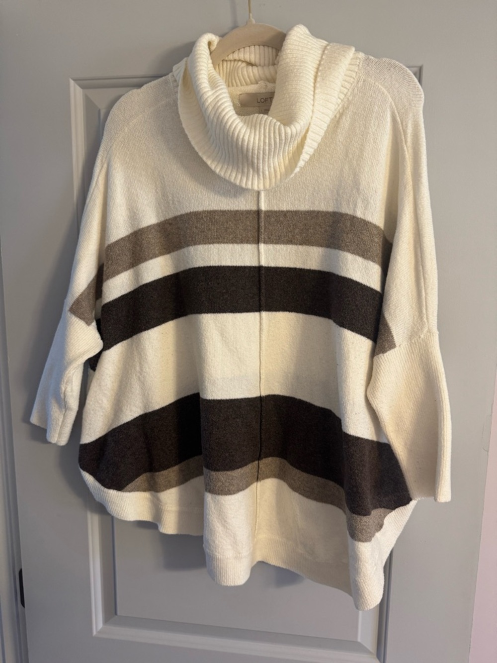 LOFT Cream Cowl Neck Sweater with Brown and Gray Stripes